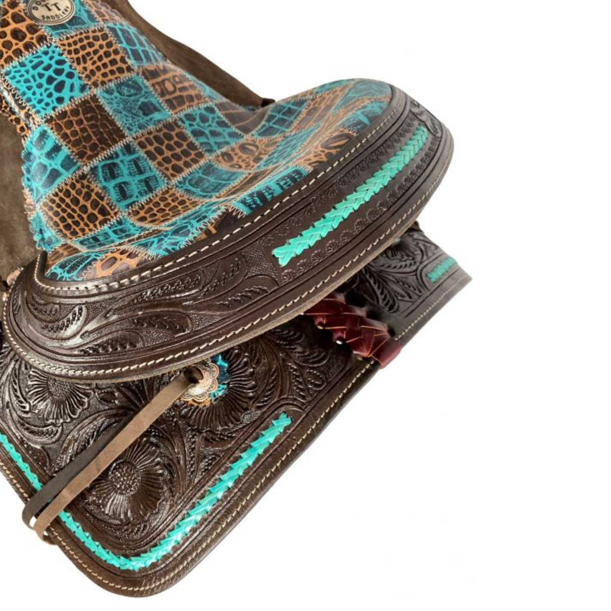 12" Double T  Barrel style saddle with teal gator patchwork pattern - Double T Saddles