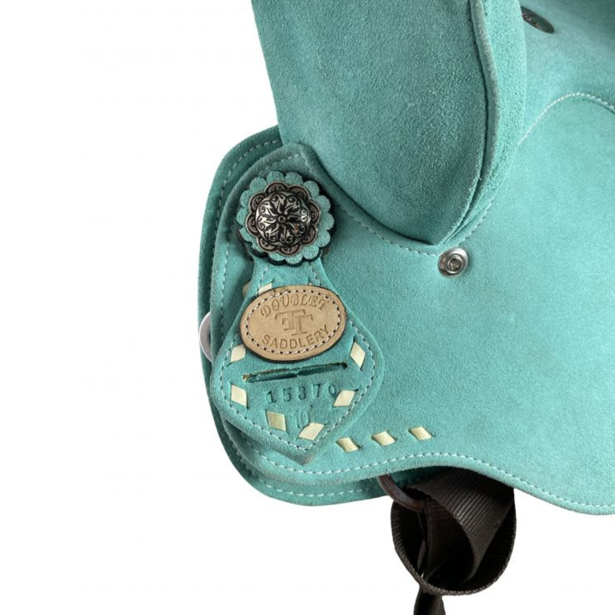 10" Double T Barrel style saddle with Teal Rough out leather - Double T Saddles