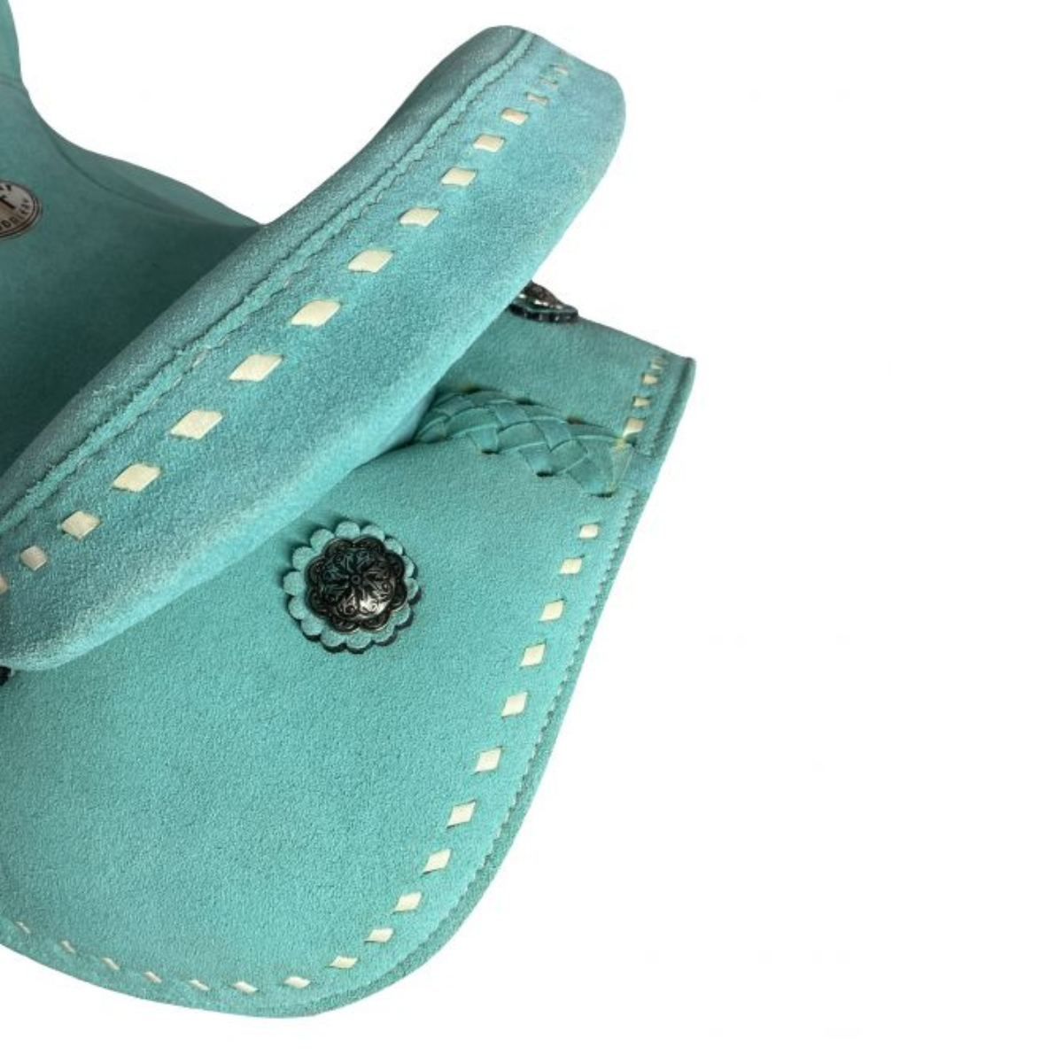 10" Double T Barrel style saddle with Teal Rough out leather - Double T Saddles