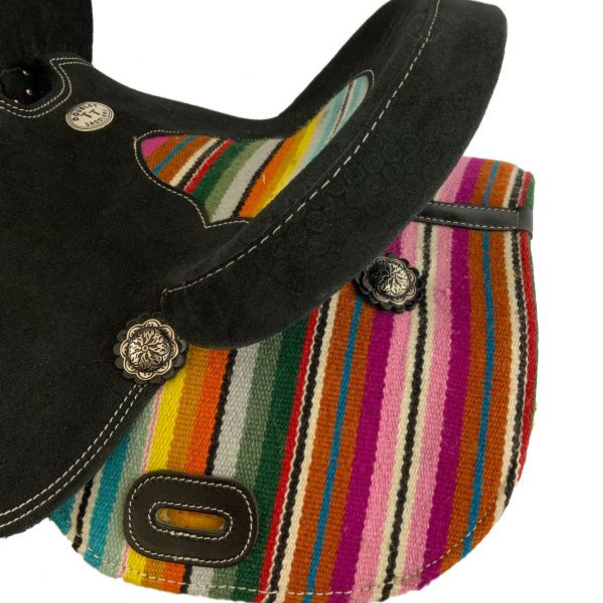 12" Double T Youth Black Roughout Barrel Saddle with Serape Wool Rug Accents. - Double T Saddles