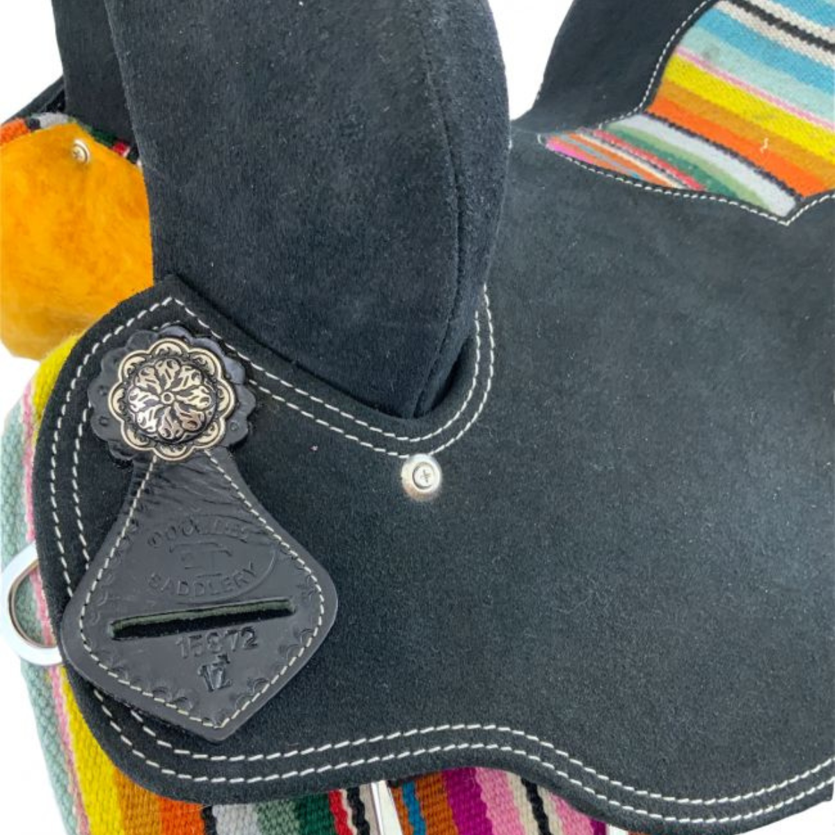 12" Double T Youth Black Roughout Barrel Saddle with Serape Wool Rug Accents. - Double T Saddles