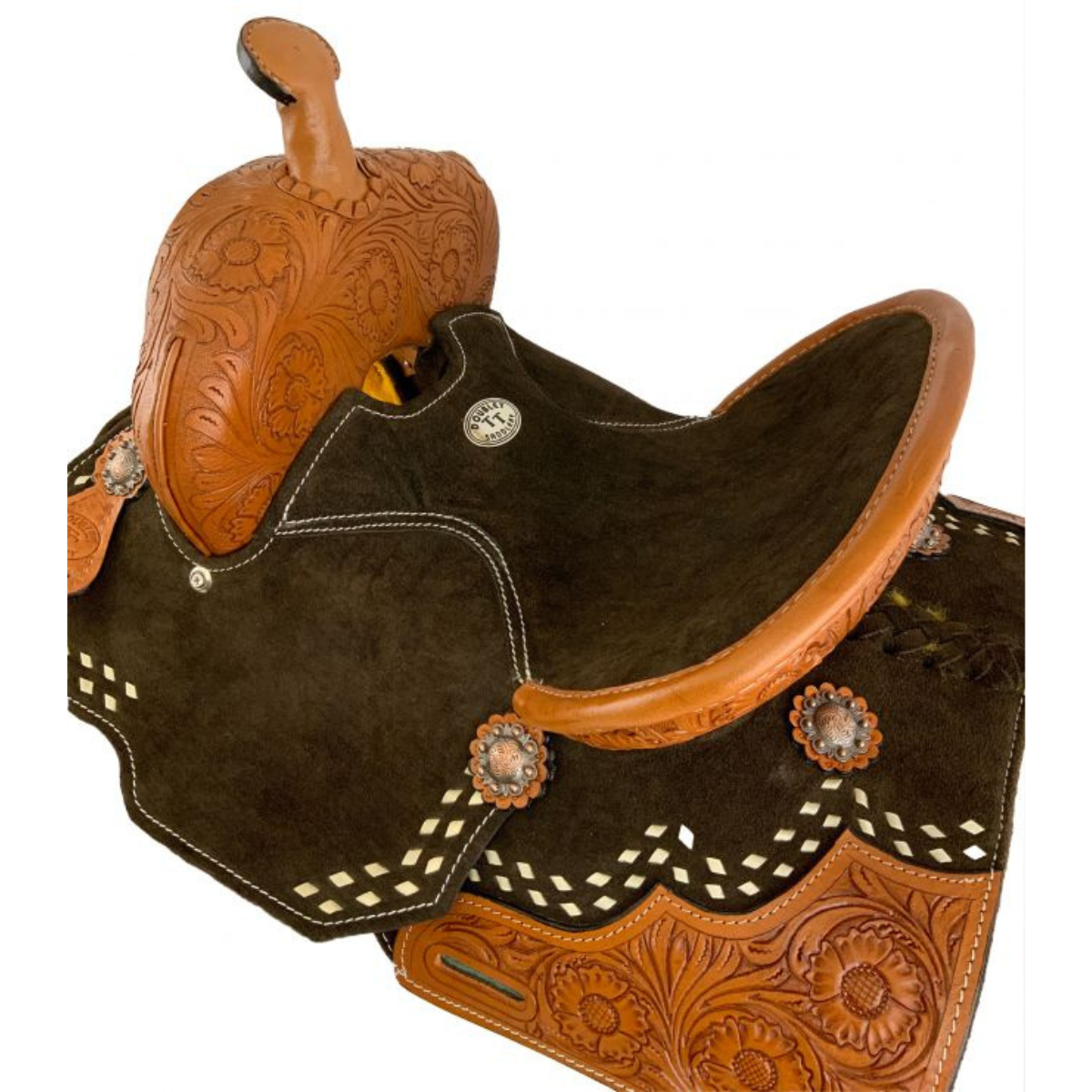 12" Double T Youth Brown Suede Barrel Saddle With Floral Tooling and White Buckstitching. - Double T Saddles