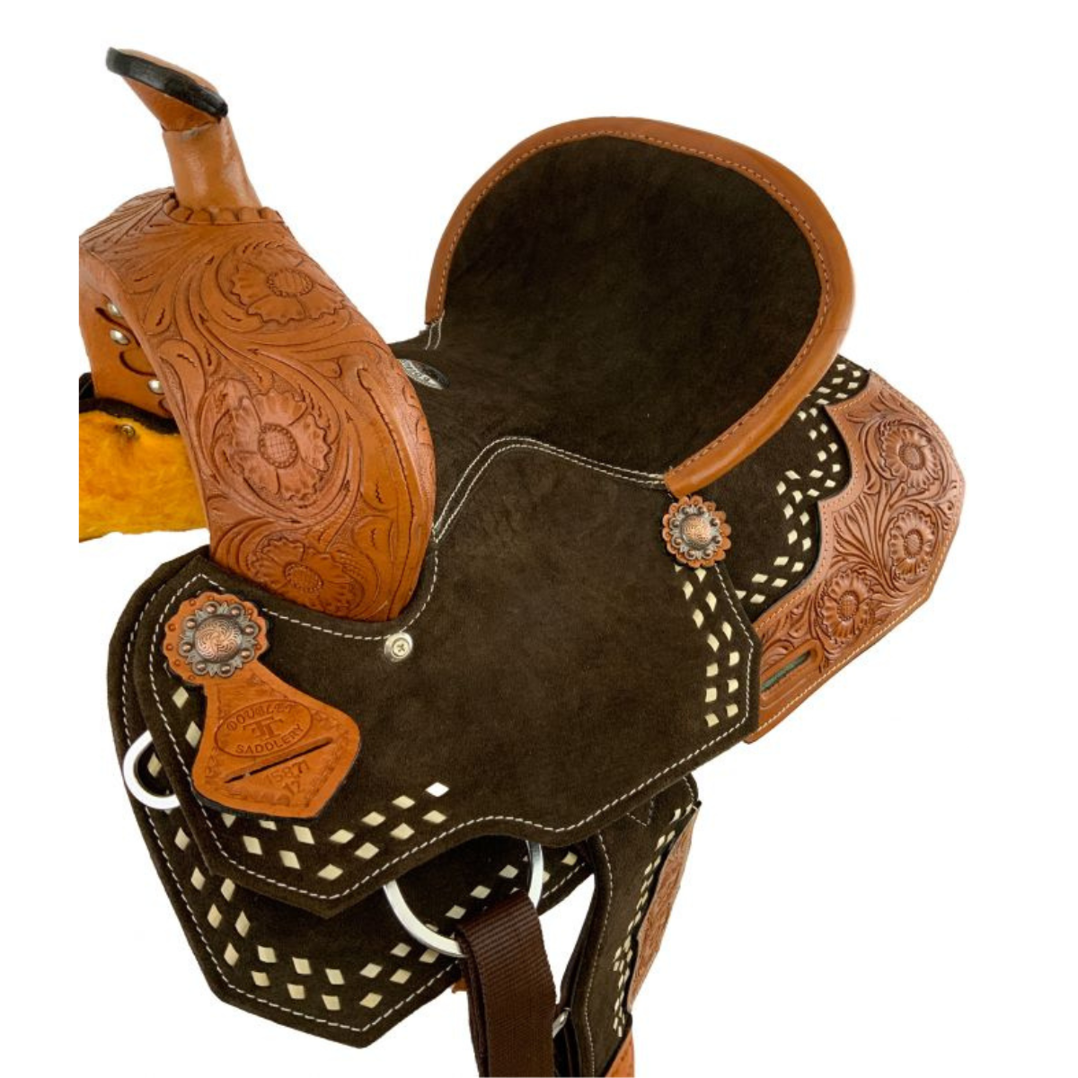 12" Double T Youth Brown Suede Barrel Saddle With Floral Tooling and White Buckstitching. - Double T Saddles