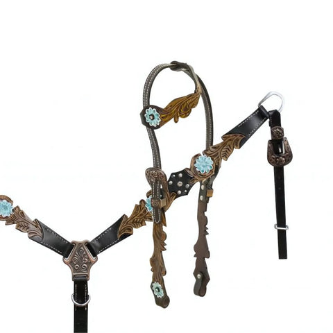 Showman ® One ear headstall with cut out filigree tooling accented teal painted tooled flower.