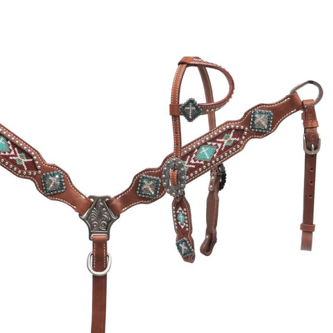 Showman ® PONY One ear headstall with teal beaded inlay.