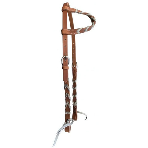 Showman® Argentina cow harness Leather one ear headstall with hair on cowhide lacing.