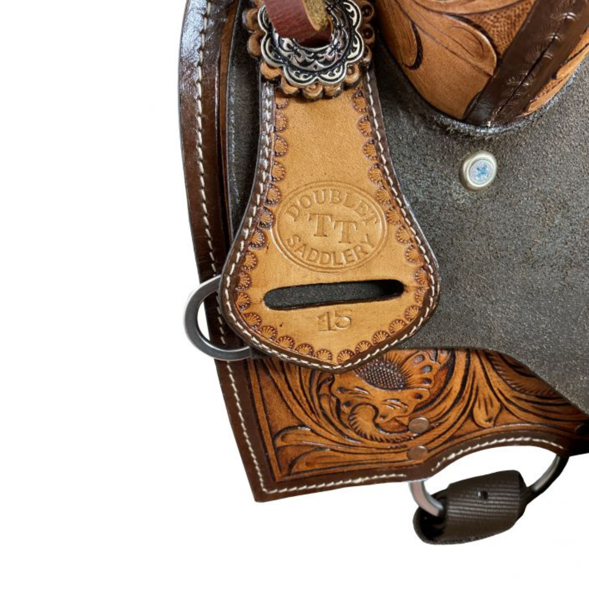 14", 15", 16" Double T Roughout Barrel Saddle With Floral Tooling and White Buckstitching. - Double T Saddles