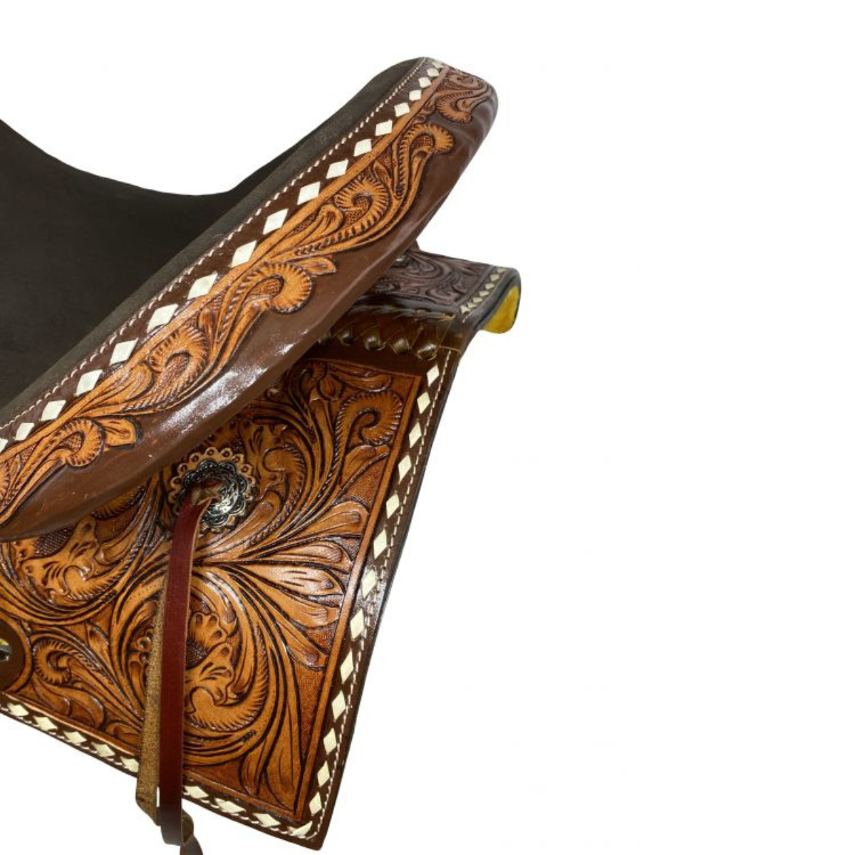 14", 15", 16" Double T Roughout Barrel Saddle With Floral Tooling and White Buckstitching. - Double T Saddles