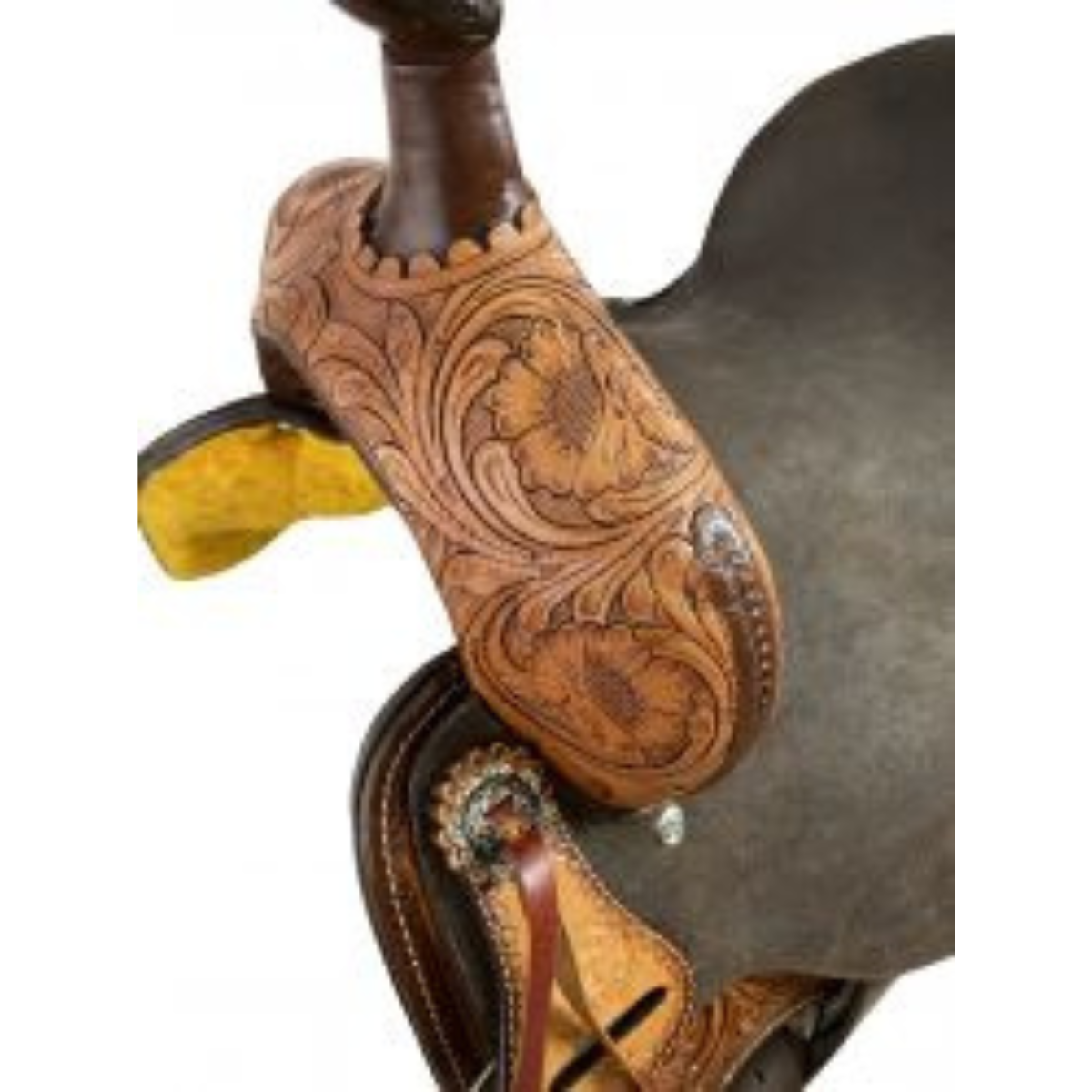 14", 15", 16" Double T Roughout Barrel Saddle With Floral Tooling and White Buckstitching. - Double T Saddles