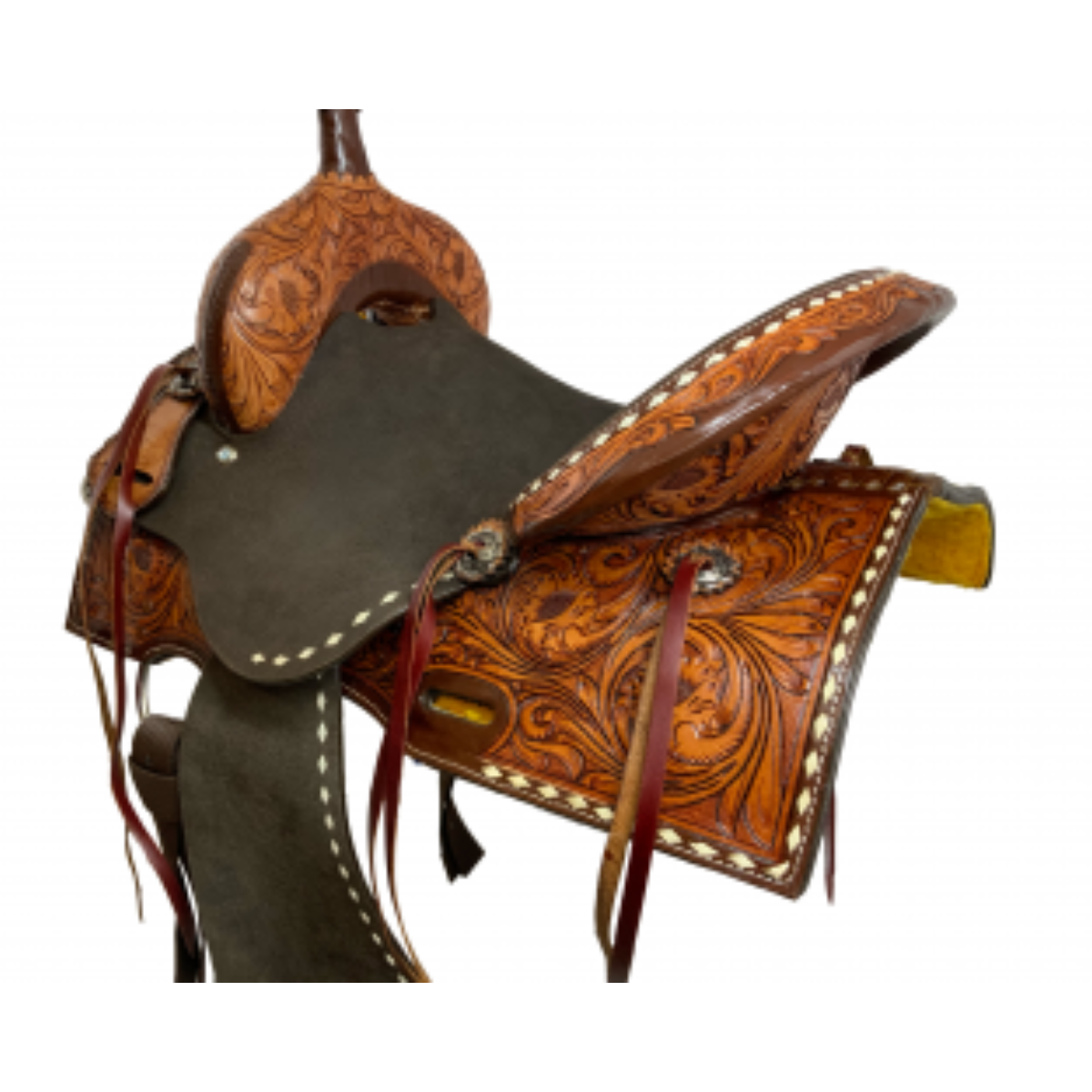 14", 15", 16" Double T Roughout Barrel Saddle With Floral Tooling and White Buckstitching. - Double T Saddles