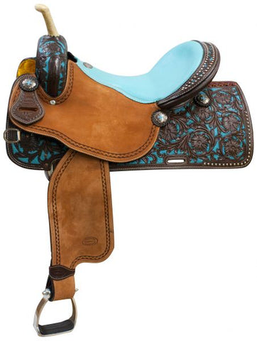 14",15", 16" Showman ® Argentina cow leather barrel saddle teal painted tooling. - Double T Saddles