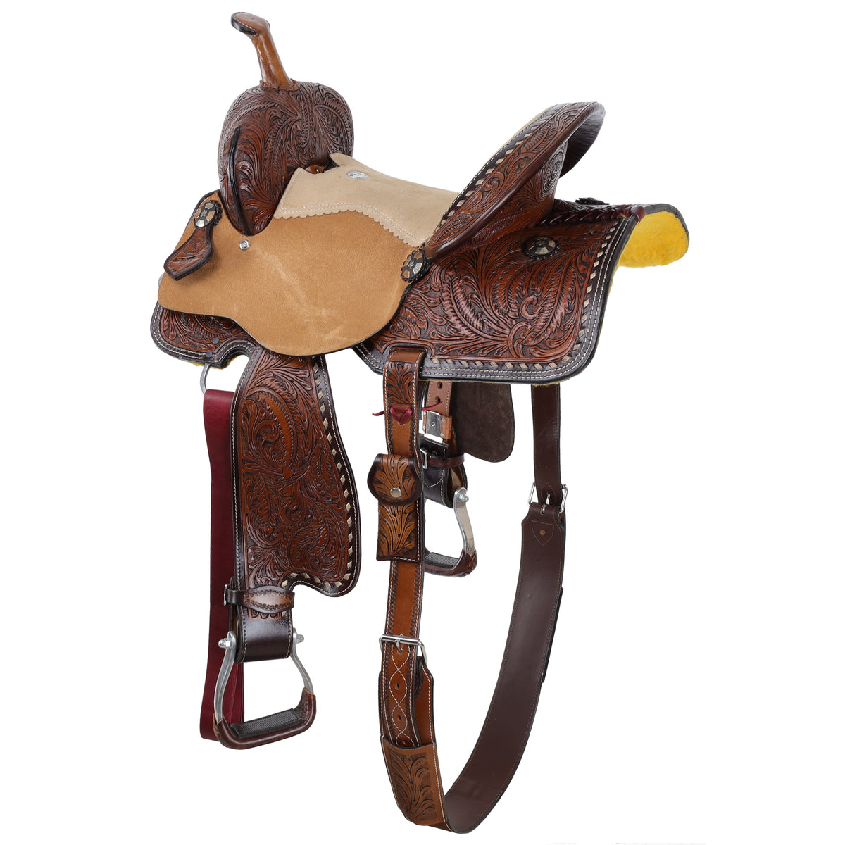 15" Double T Feathered Buckskin Barrel Style Saddle
