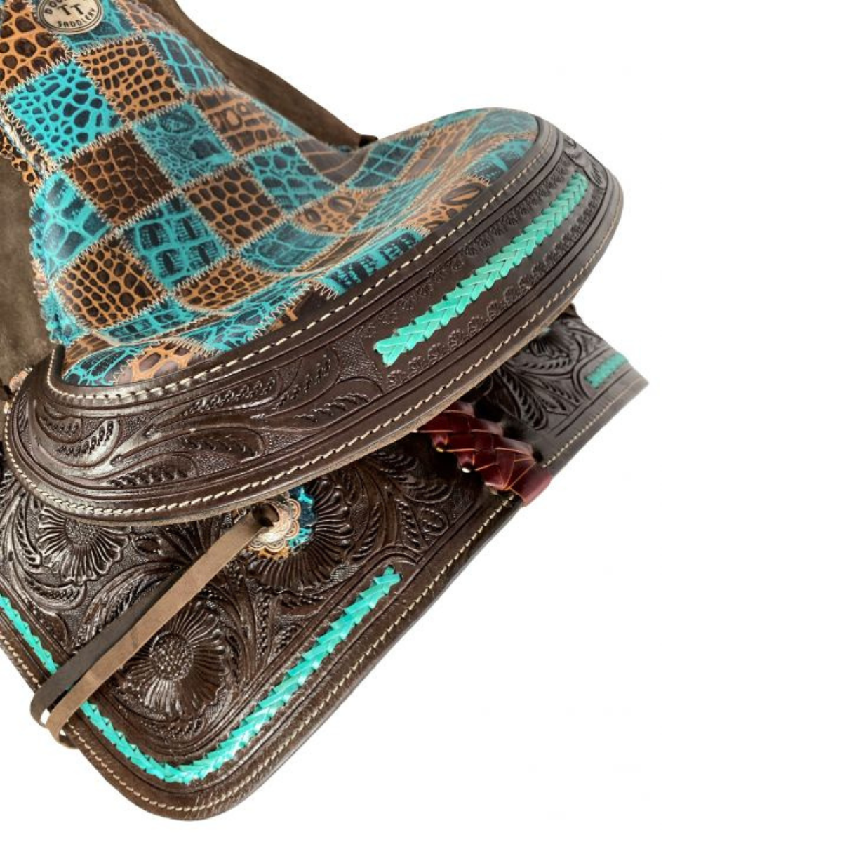 15" Double T  Barrel style saddle with teal gator patchwork pattern - Double T Saddles