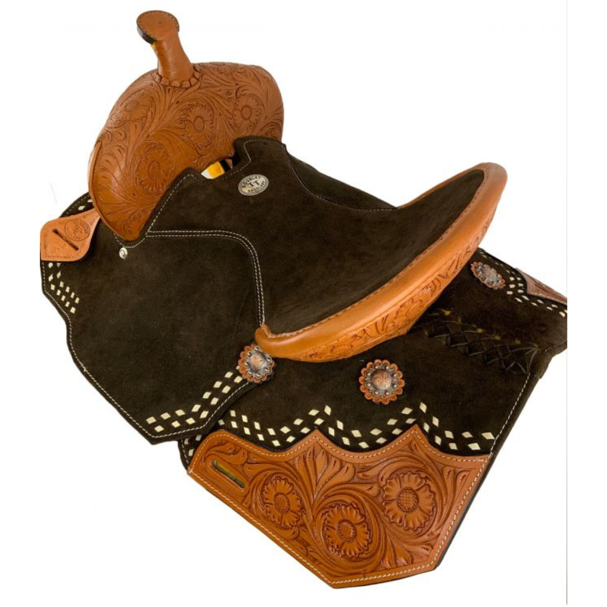 15" Double T Brown Suede Barrel Saddle With Floral Tooling and White Buckstitching. - Double T Saddles