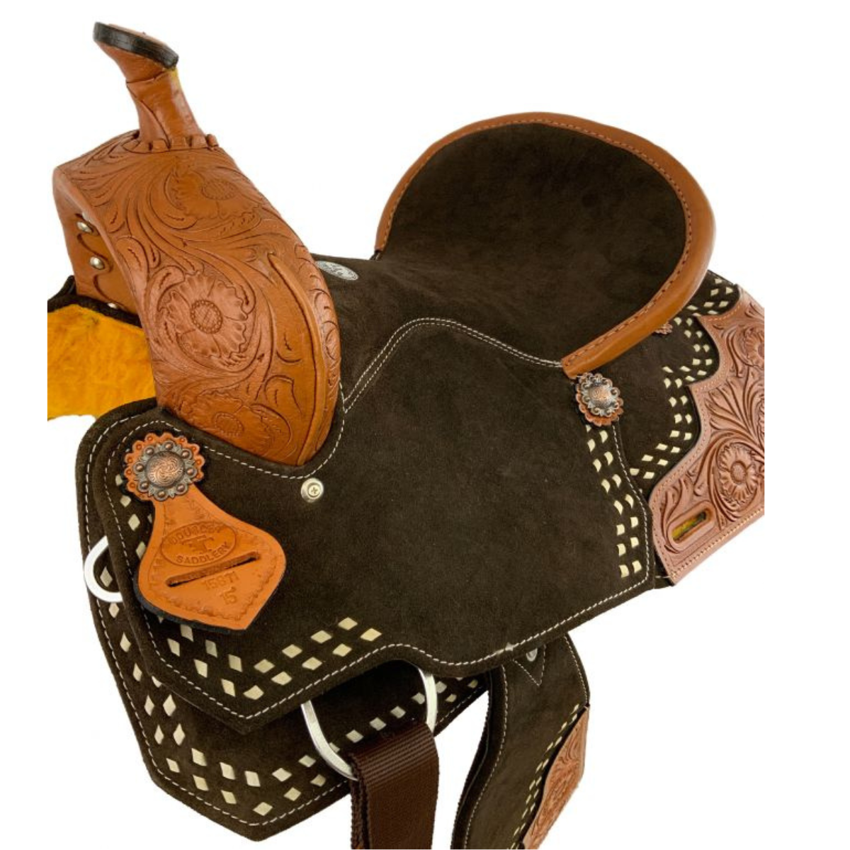 15" Double T Brown Suede Barrel Saddle With Floral Tooling and White Buckstitching. - Double T Saddles