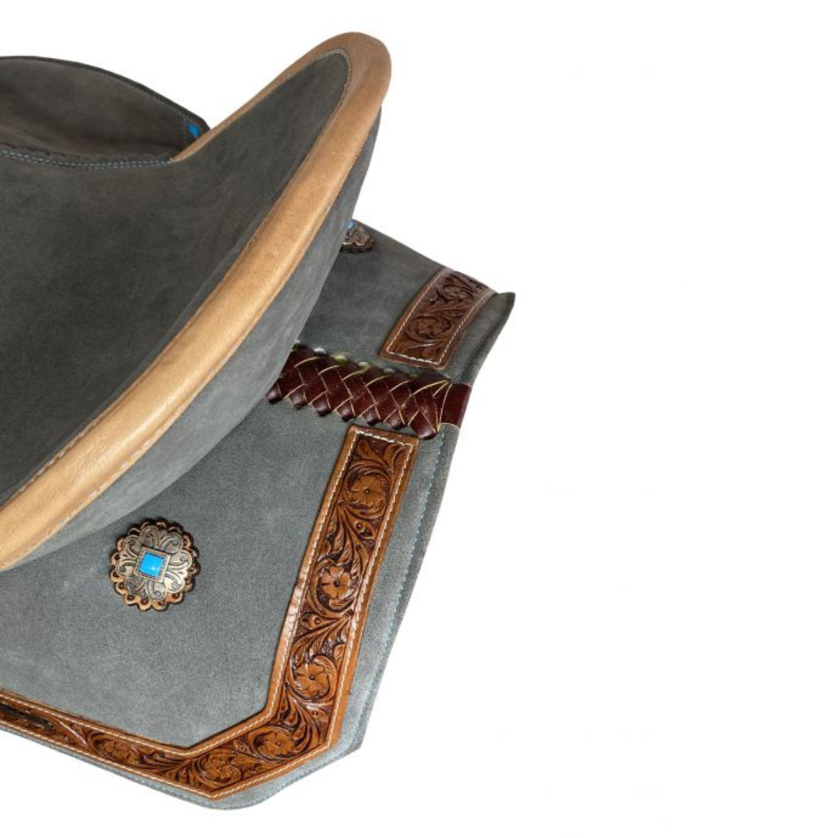 15" Double T Gray Suede Barrel Style Saddle With Teal Buckstitching - Double T Saddles