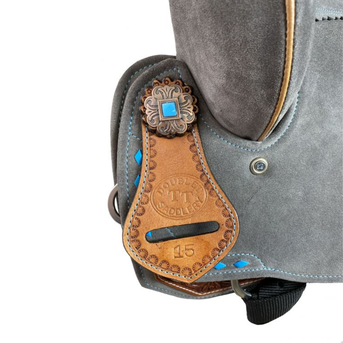 15" Double T Gray Suede Barrel Style Saddle With Teal Buckstitching - Double T Saddles