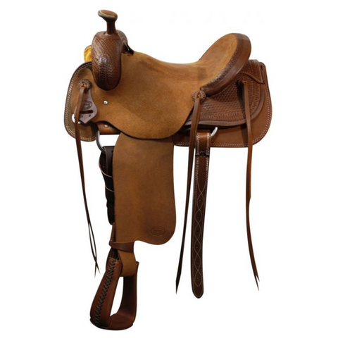 16"  Showman ® Roper saddle with basket weave tooling on skirt - Double T Saddles