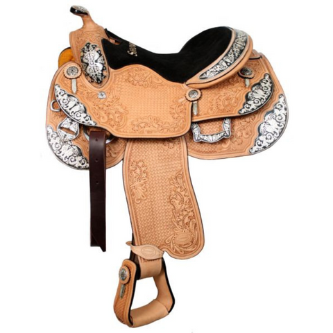 16" Showman ® large basketweave and oak leaf tooled silver show saddle. - Double T Saddles