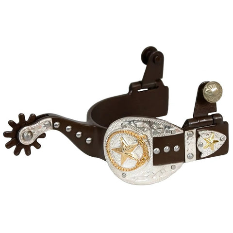 Showman ® ladies size antique brown silver buckle tip and keeper spurs with gold star and lasso accent.