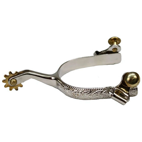 Showman ® chrome plated ladies size engraved spurs with brass rowels.