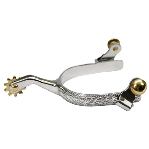 Showman ® stainless steel ladies size engraved spurs with brass rowels.