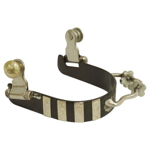 Showman ® Ladies black steel bumper spurs with engraved silver bar overlays.