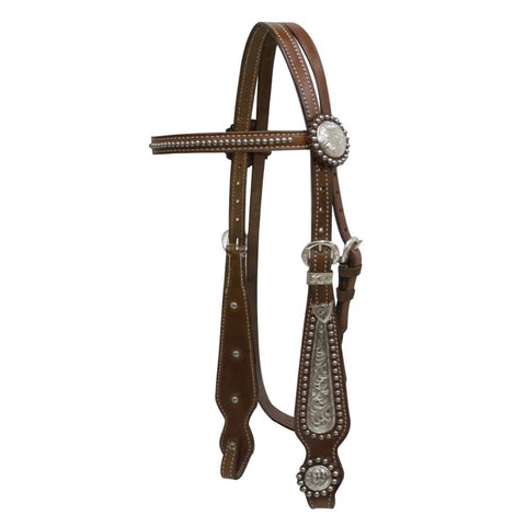 Showman® double stitched leather headstall with silver beaded browband and cheeks.