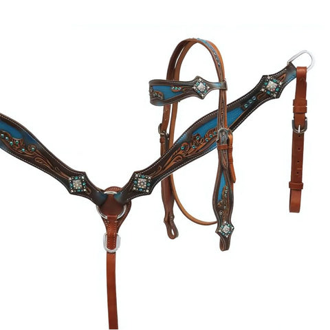 Showman ® Crystal rhinestone headstall and breast collar set with blue inlay.