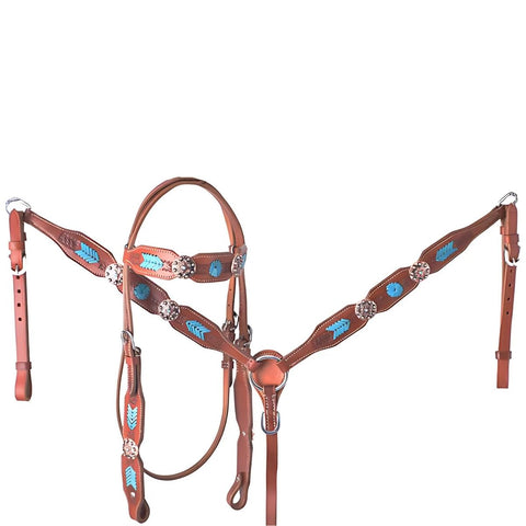 Showman ® Headstall and breast collar set with turquoise rawhide accents.