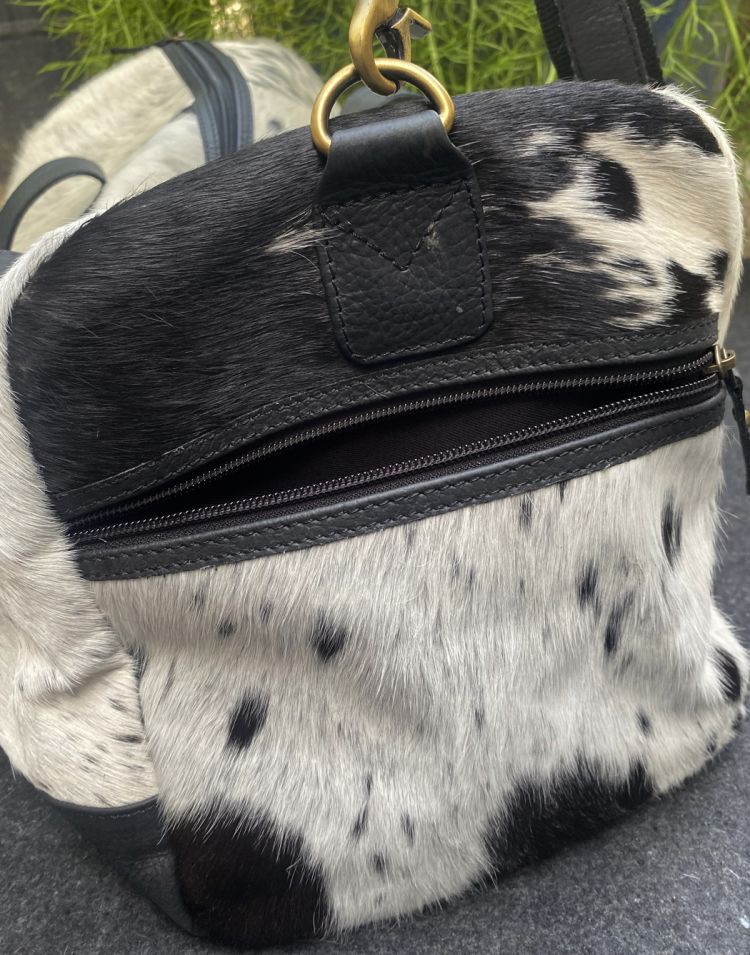 Klassy Cowgirl White and Black hair on cowhide overnighter Duffle Bag