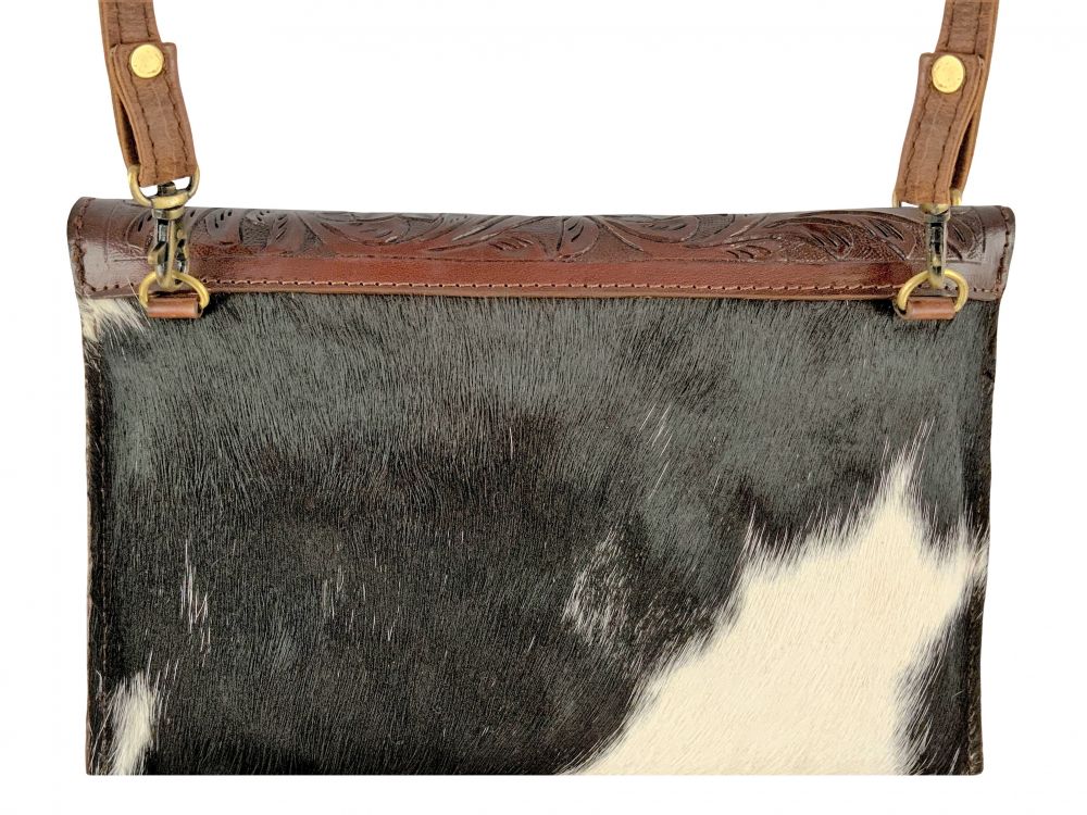 Klassy Cowgirl Dark Leather Crossbody Bag with Black and White hair on cowhide