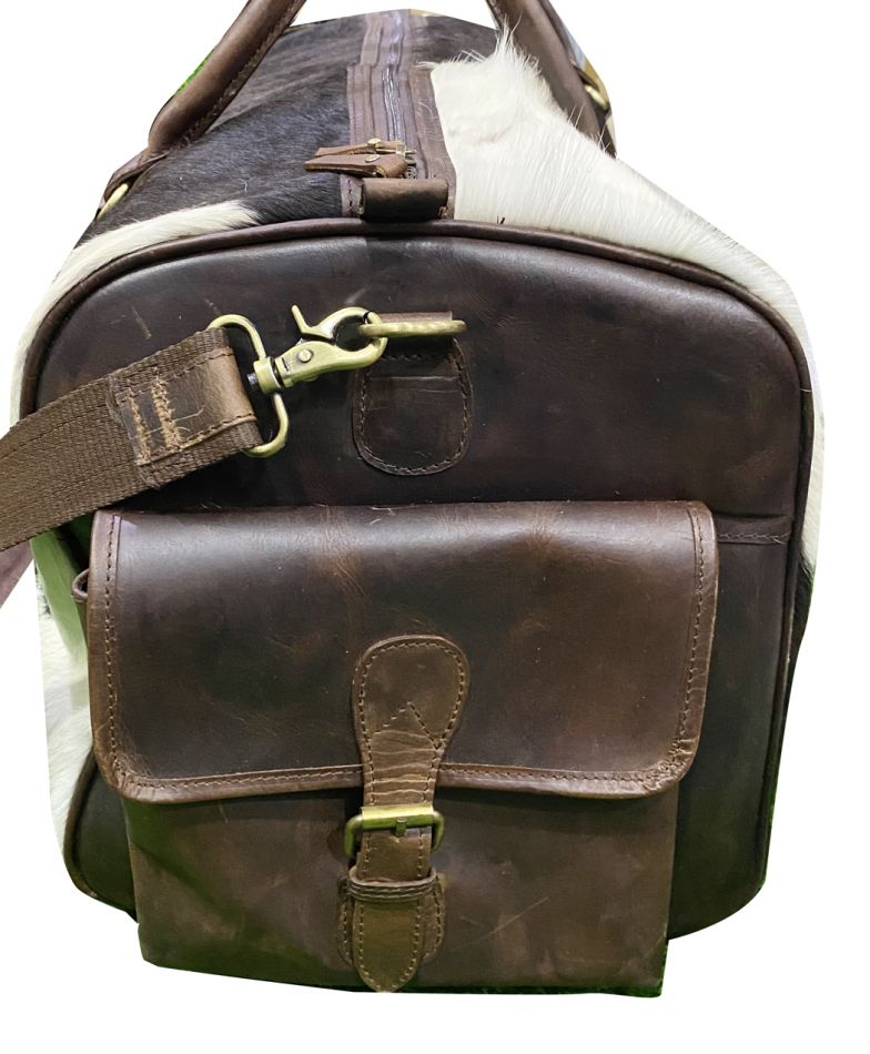 Klassy Cowgirl Hair on Cowhide White and Brown Duffle Bag