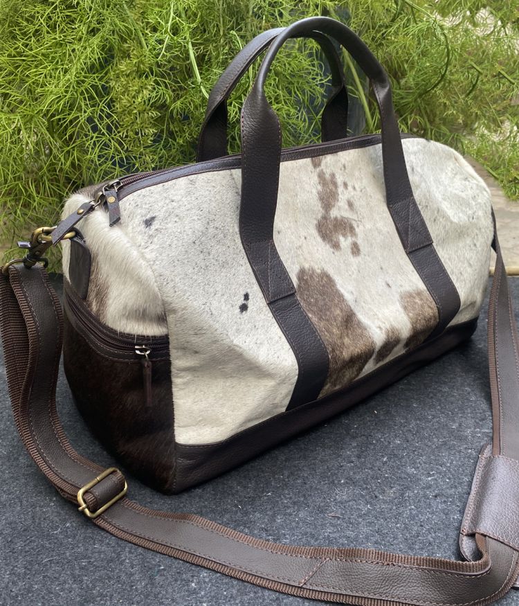 Klassy Cowgirl Hair on Cowhide cream and Brown Duffle Bag