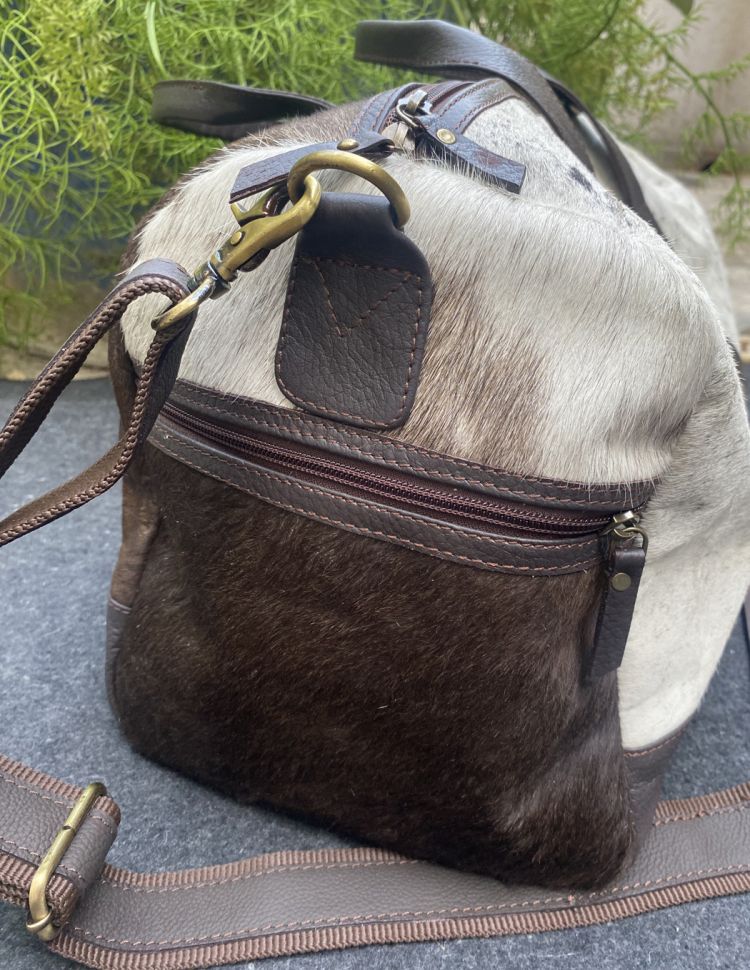 Klassy Cowgirl Hair on Cowhide cream and Brown Duffle Bag
