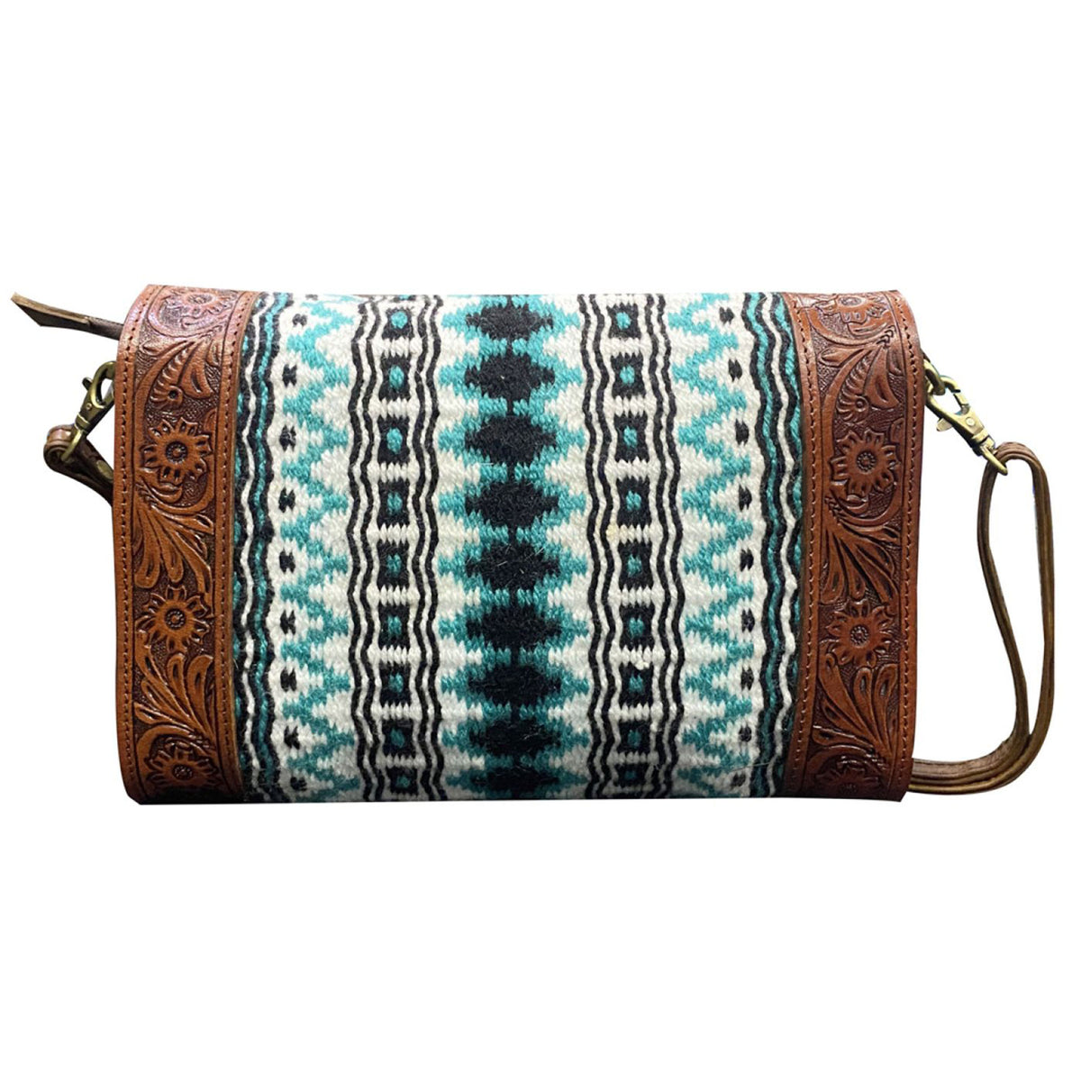 Klassy Cowgirl Tooled Leather and Wool Saddle Blanket Purse - White and Blue