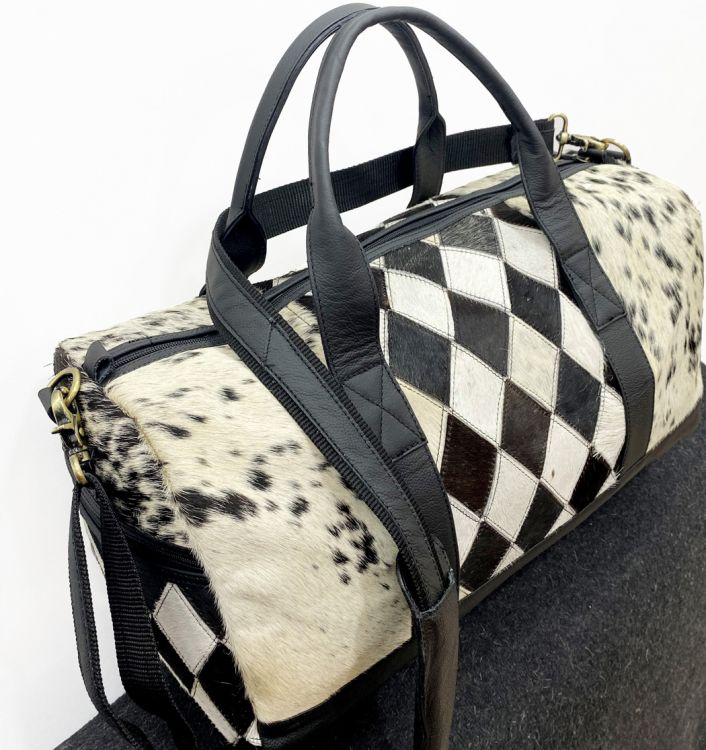 Klassy Cowgirl Hair on Cowhide Black and White Duffle Bag