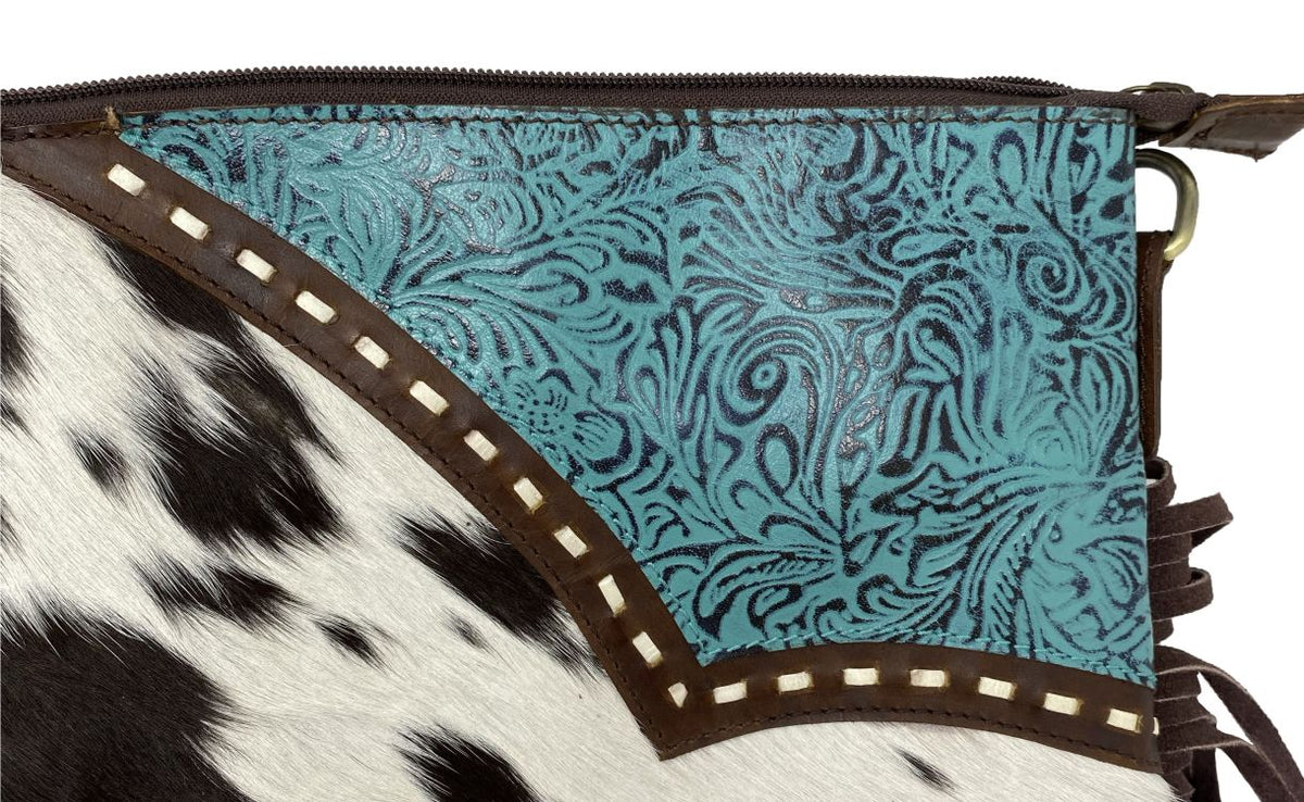 Klassy Cowgirl Genuine Hair-on Cowhide Leather Fringe Tooled Crossbody Bag