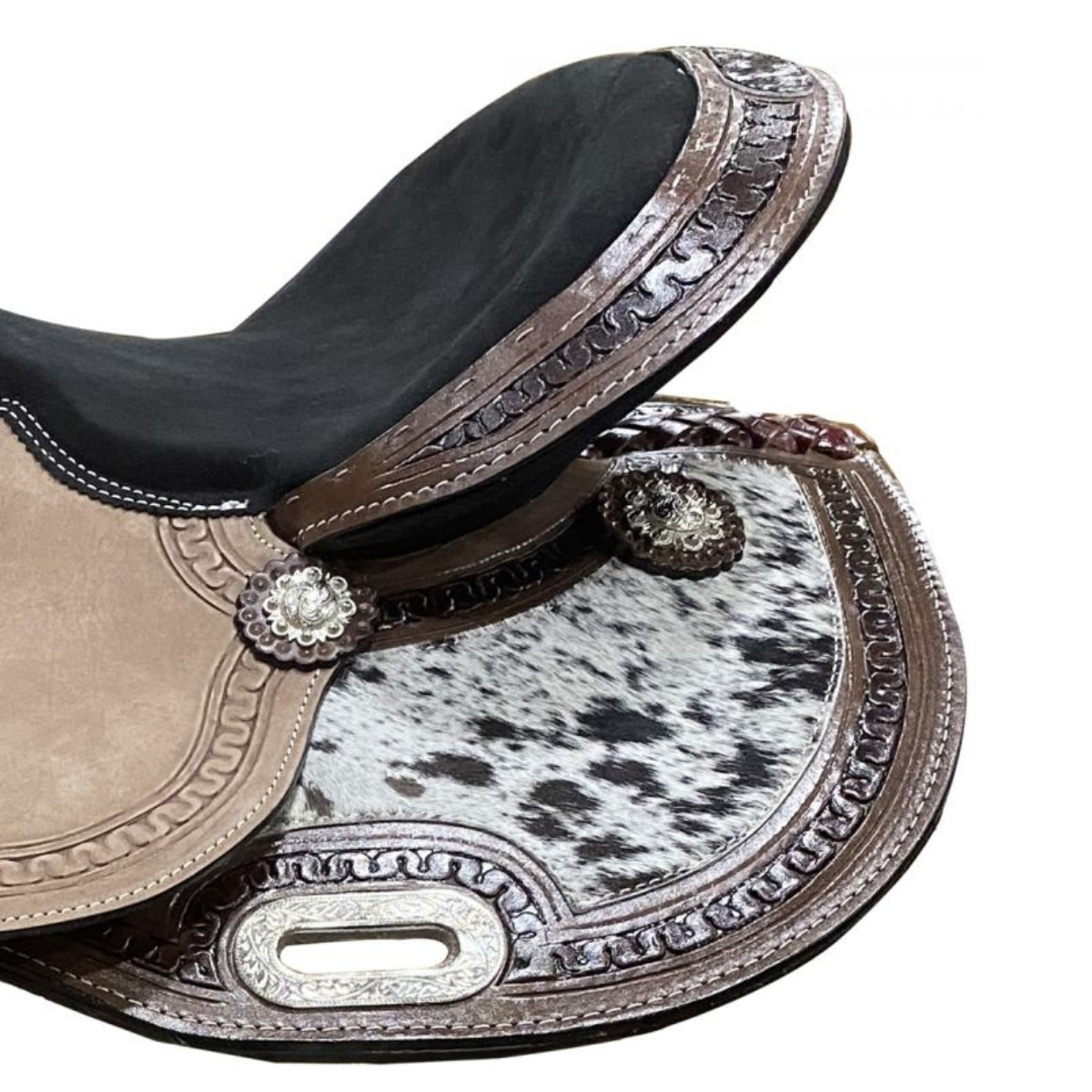 DOUBLE T 15" Barrel Style saddle with hair on cowhide inlay. - Double T Saddles