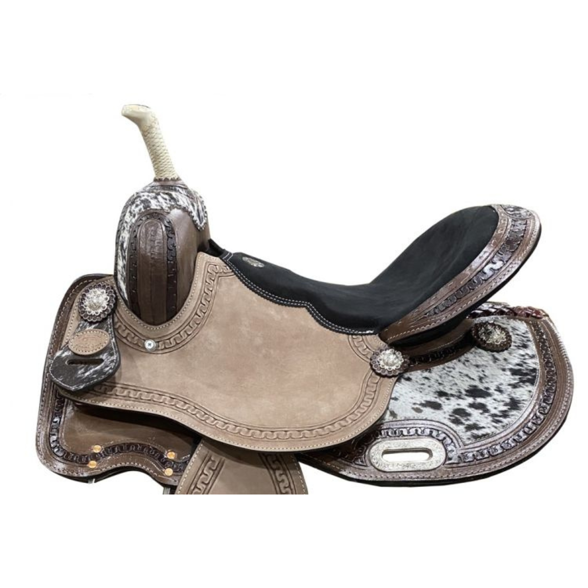 DOUBLE T 15" Barrel Style saddle with hair on cowhide inlay. - Double T Saddles