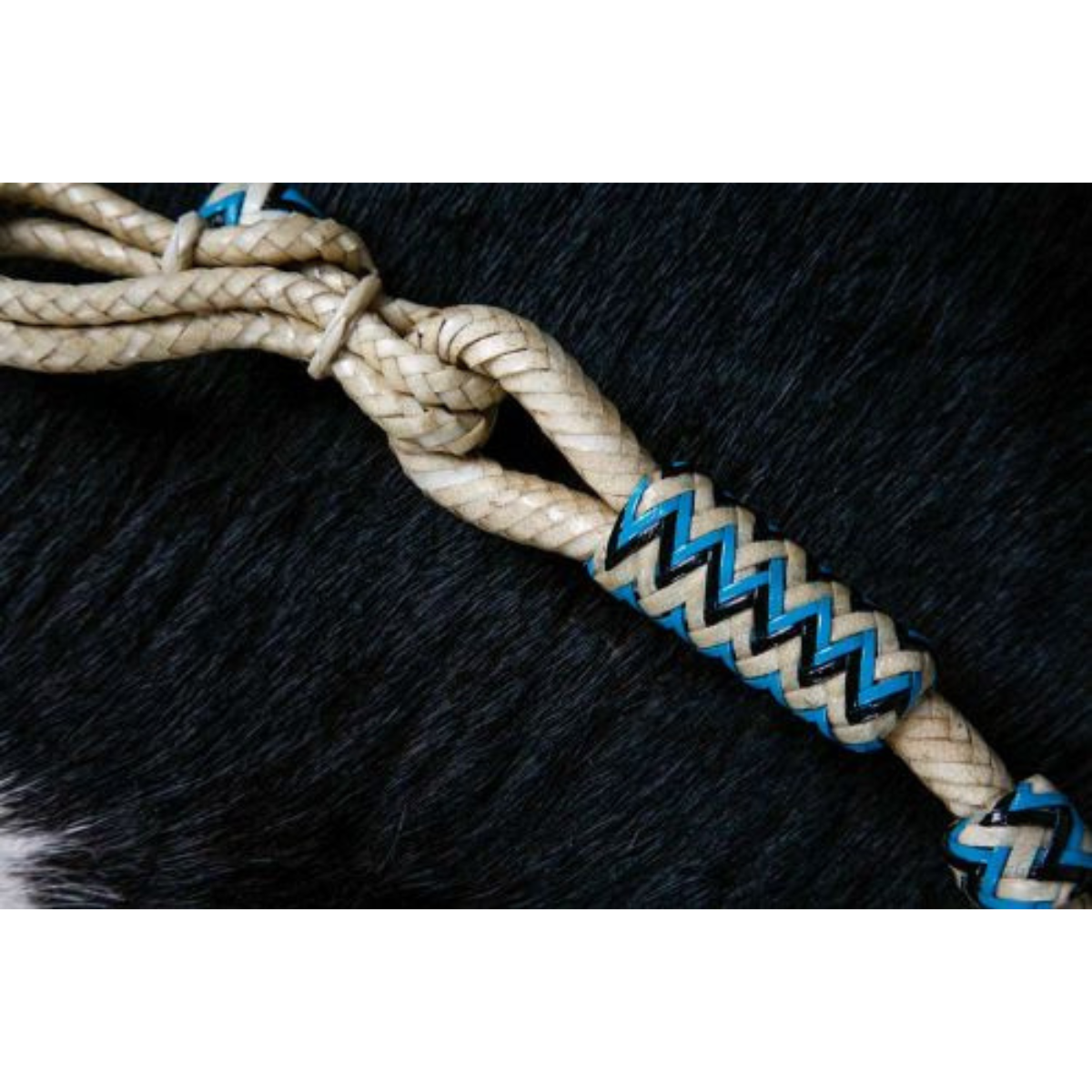 Showman ® Braided Natural Rawhide Romal Reins with Leather Popper and Blue Rawhide Beads. - Double T Saddles