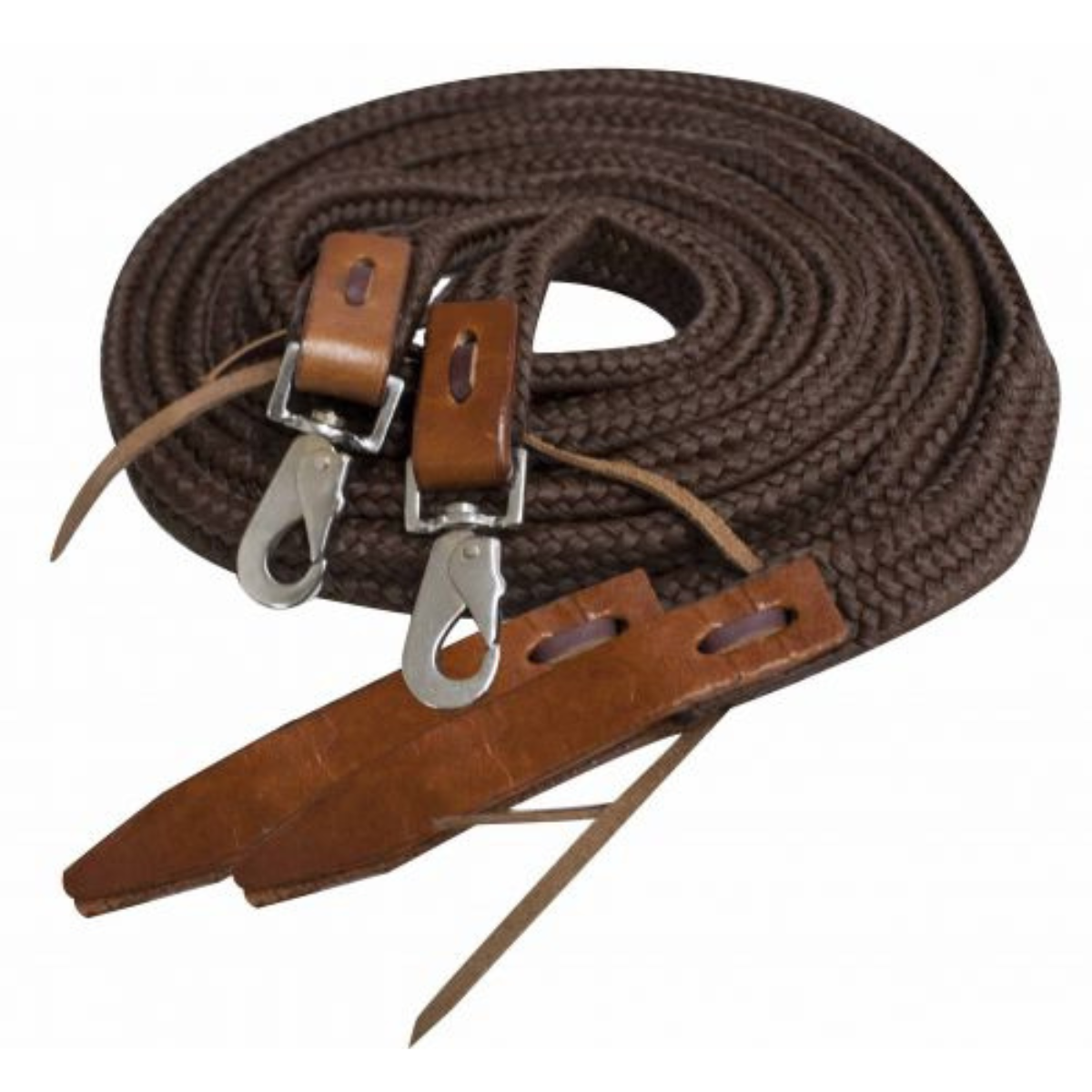 Showman ® 8ft flat braided nylon reins with leather popper ends and scissor snaps. - Double T Saddles