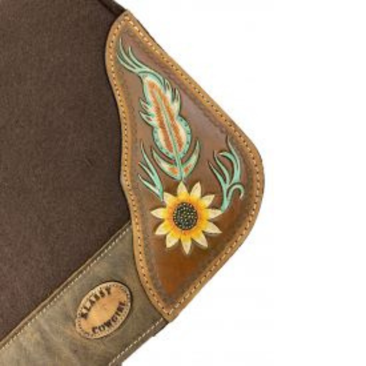 Klassy Cowgirl 28x30 Barrel Style 1” Brown felt pad with antiqued feather & sunflower design. - Double T Saddles