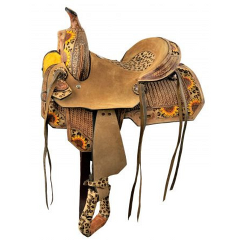 10"  DOUBLE T YOUTH HARD SEAT BARREL STYLE SADDLE WITH CHEETAH SEAT AND SUNFLOWER PAINTED ACCENTS - Double T Saddles