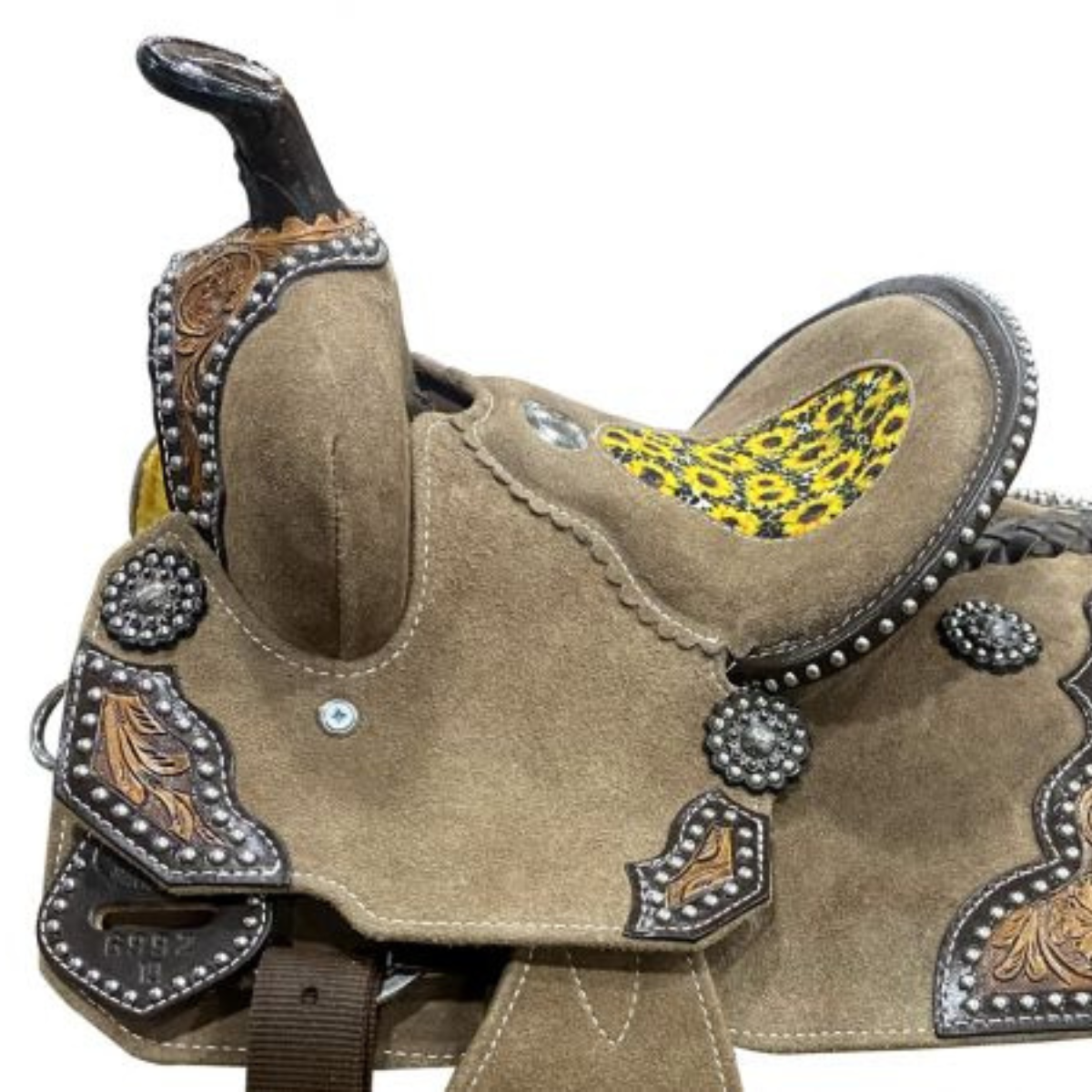 10" DOUBLE T  Rough Out Barrel style saddle with Sunflower and Cheetah print Inlay. - Double T Saddles