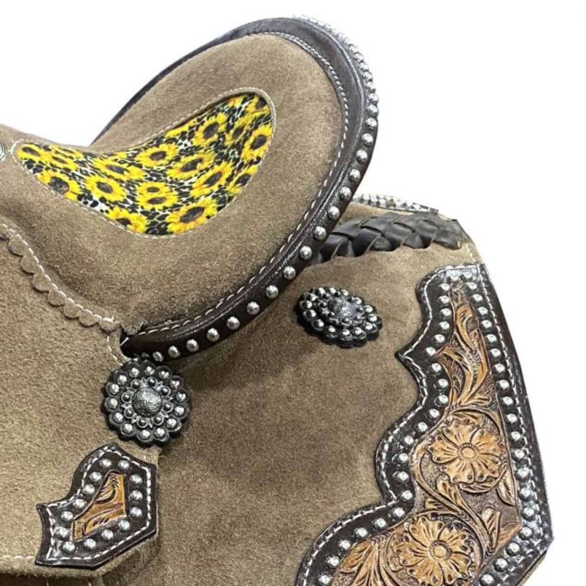 10" DOUBLE T  Rough Out Barrel style saddle with Sunflower and Cheetah print Inlay. - Double T Saddles