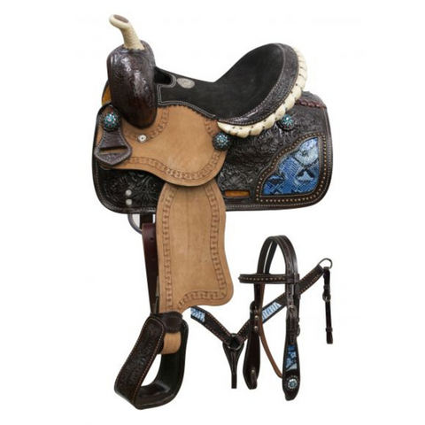 10" DOUBLE T PONY SADDLE SET WITH BLUE SNAKE PRINT INLAYS - Double T Saddles