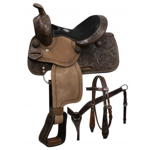10" DOUBLE T PONY SADDLE SET WITH COPPER COLORED STARBURST CONCHOS - Double T Saddles