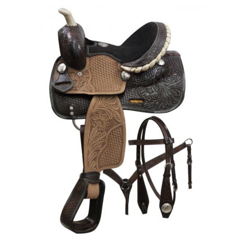 10" DOUBLE T PONY SADDLE SET WITH ENGRAVED SILVER CONCHOS - Double T Saddles