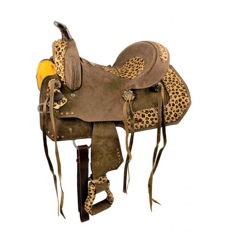 10" DOUBLE T YOUTH HARD SEAT BARREL SADDLE WITH CHEETAH SEAT - Double T Saddles